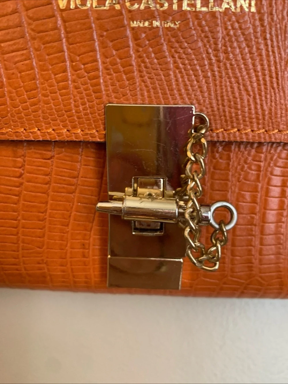 Viola Castellani Italy Leather Snakeskin Orange Crossbody Handbag Purse Bag